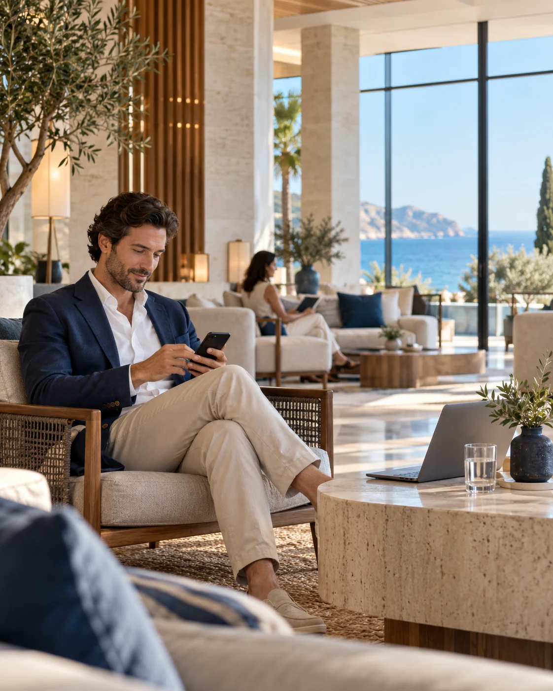 Contemporary hotel lobby overlooking the sea; illustrative image